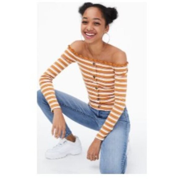 AERO Long Sleeve Seriously Soft Striped Off-The-Shoulder Bodycon Top Size M - Picture 1 of 3
